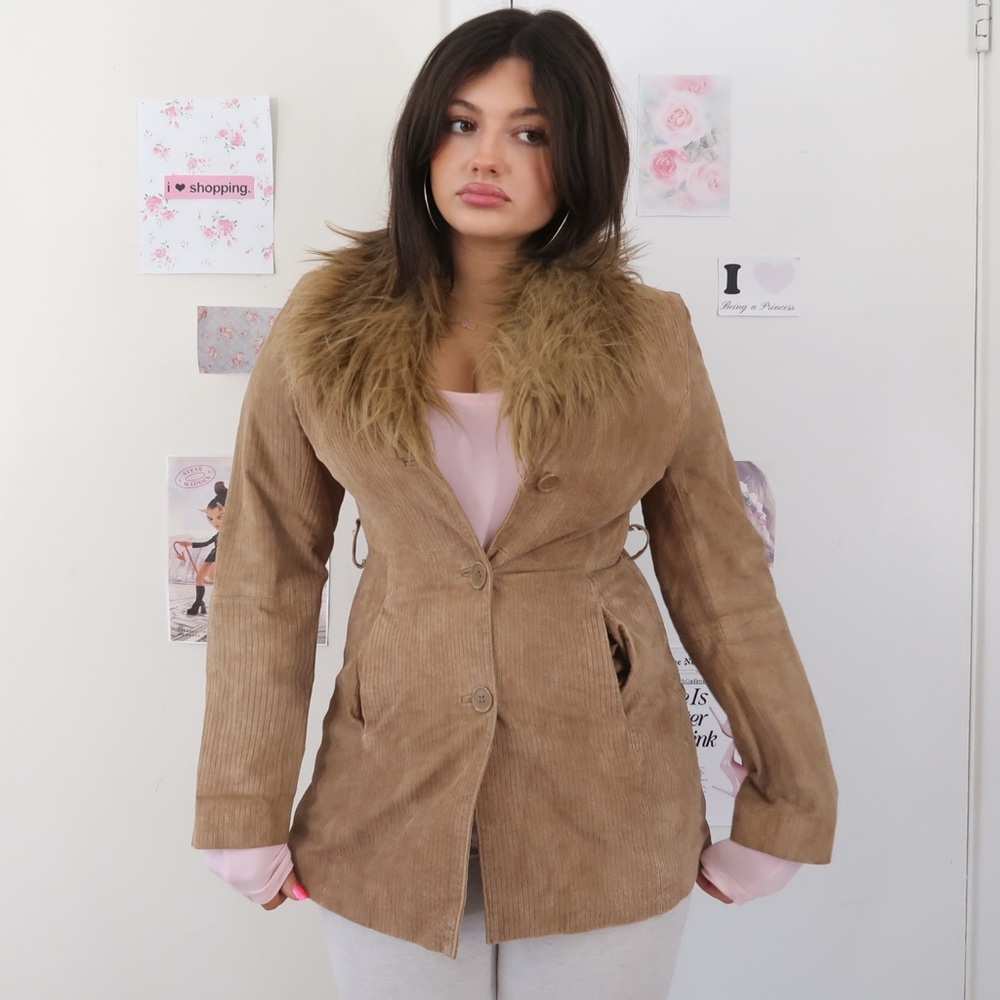 Seventy Seven Y2K Brown Leather Coat Faux Fur Collar L — Indie Sleaze Aesthetic‎